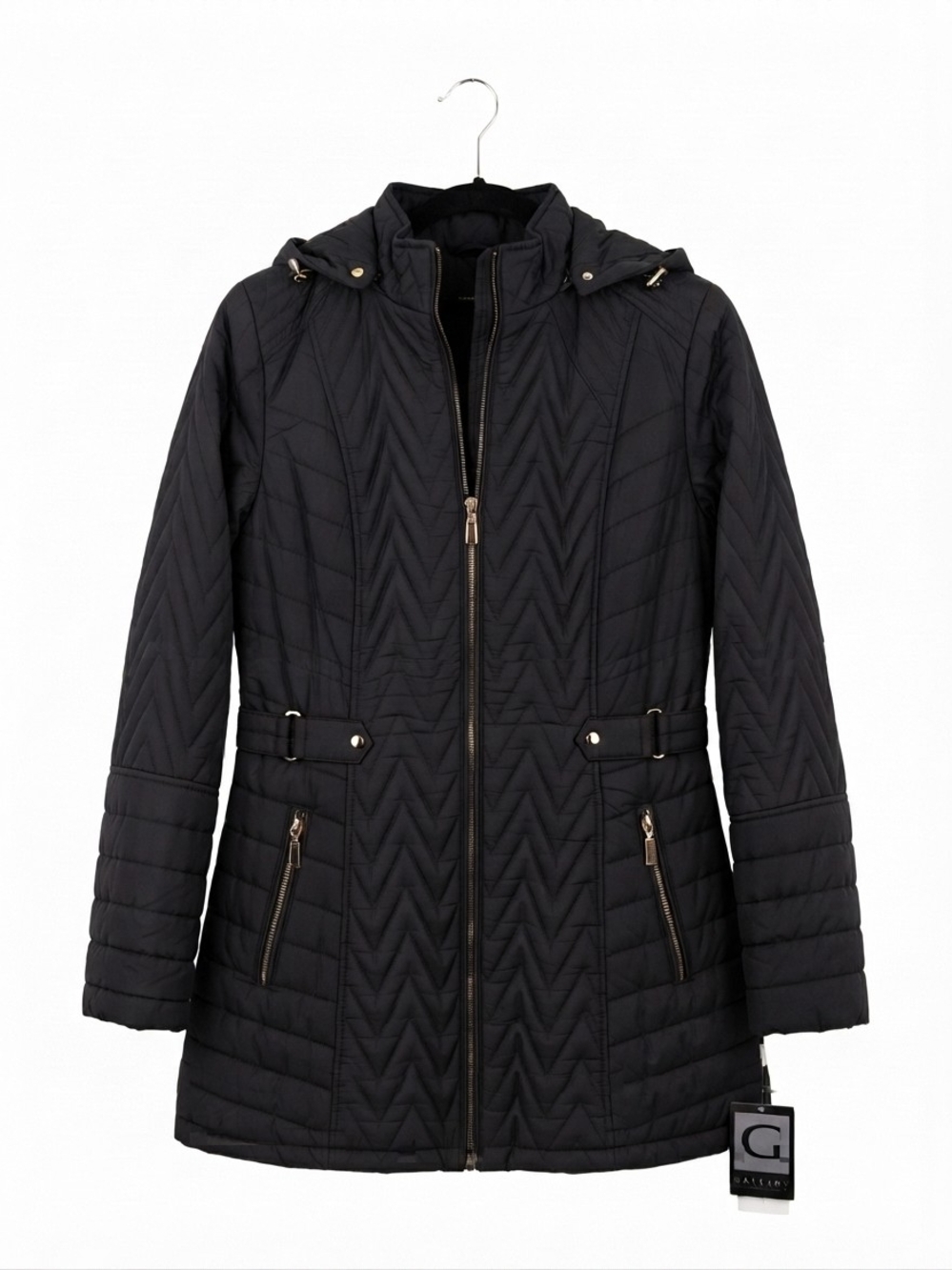 96-NWT-Gallery Black Chevron-Quilted Hooded Puffer Coat w/Removable Hood (3X)